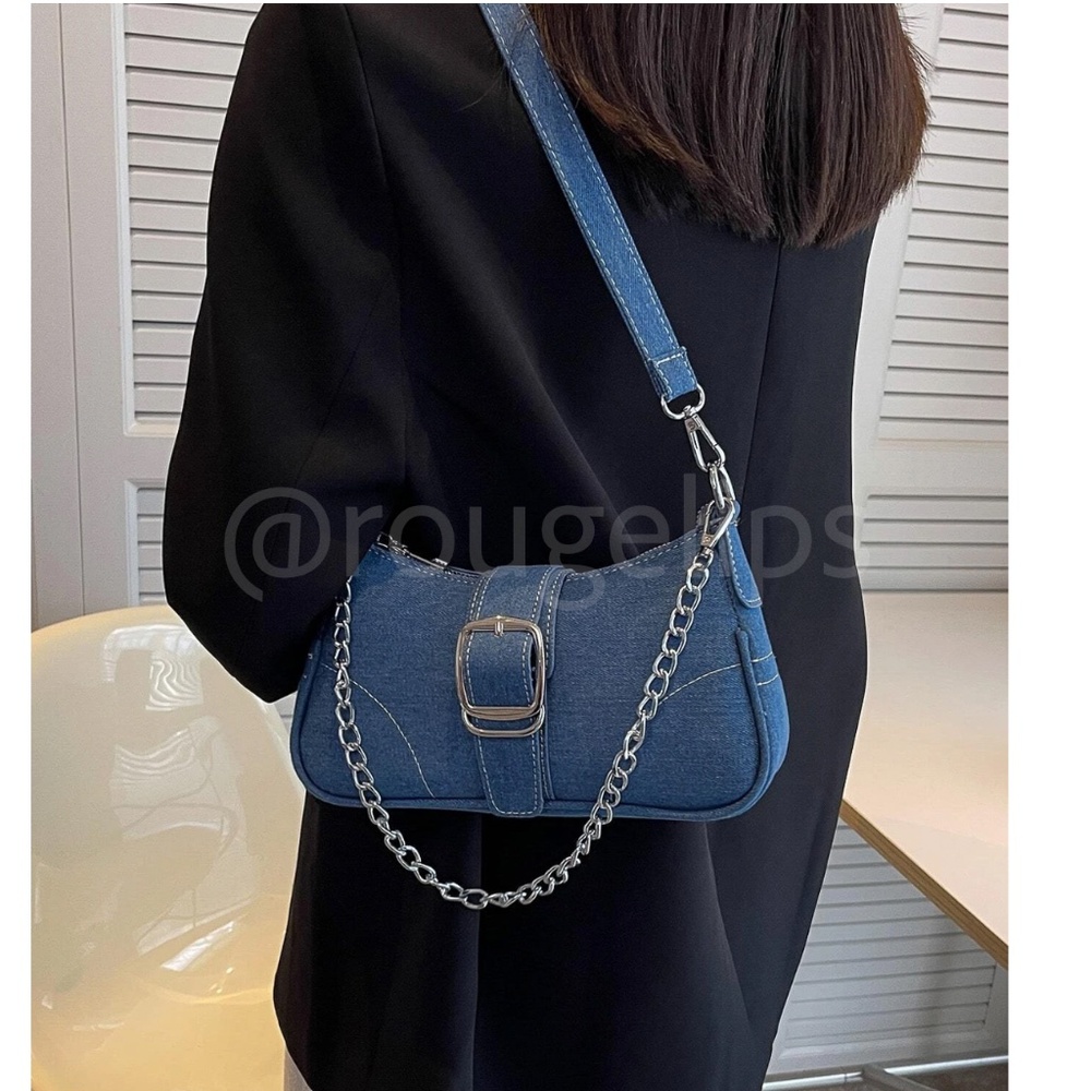 Small Blue Denim Baguette Bag Strap Buckle Chain Zipper - Picture 3 of 8